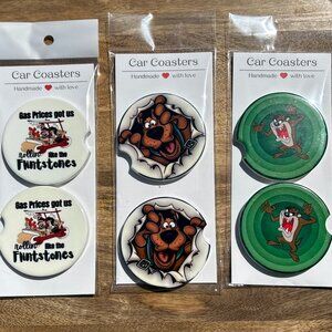 Set of 2.5" Ceramic Car Coasters with Notch, Cartoon Themed